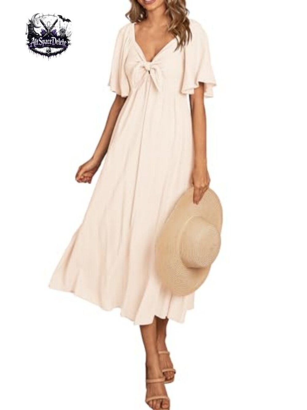 PRETTYGARDEN Women's Summer Bow Tie V Neck Midi Dress A-Line Flowy